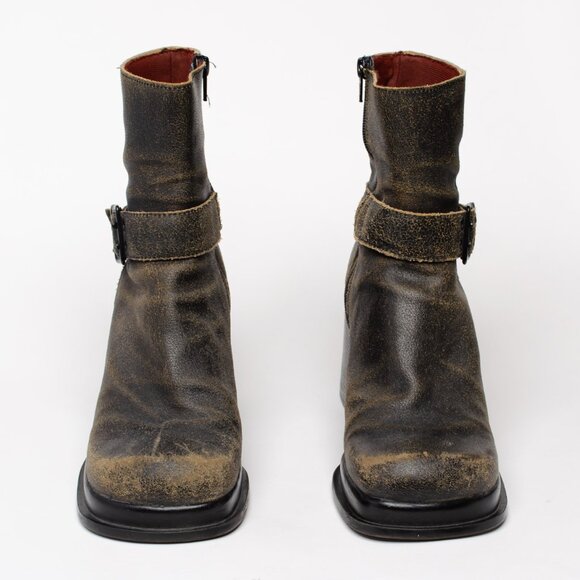 Vintage Nine West Distressed Leather Chunky Y2K Buckle Boots US 9 Women's - Picture 3 of 5